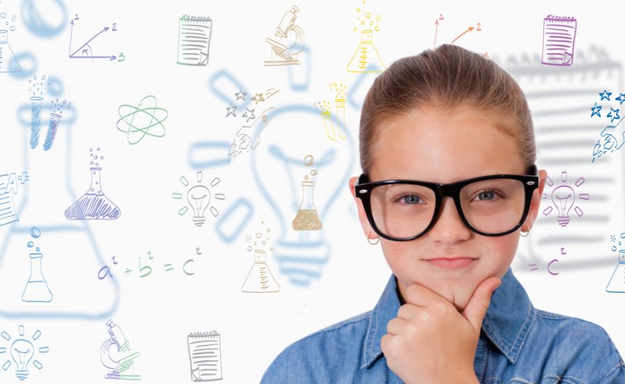 A young girl with glasses deep in thought hand on chin critical thinking challenge