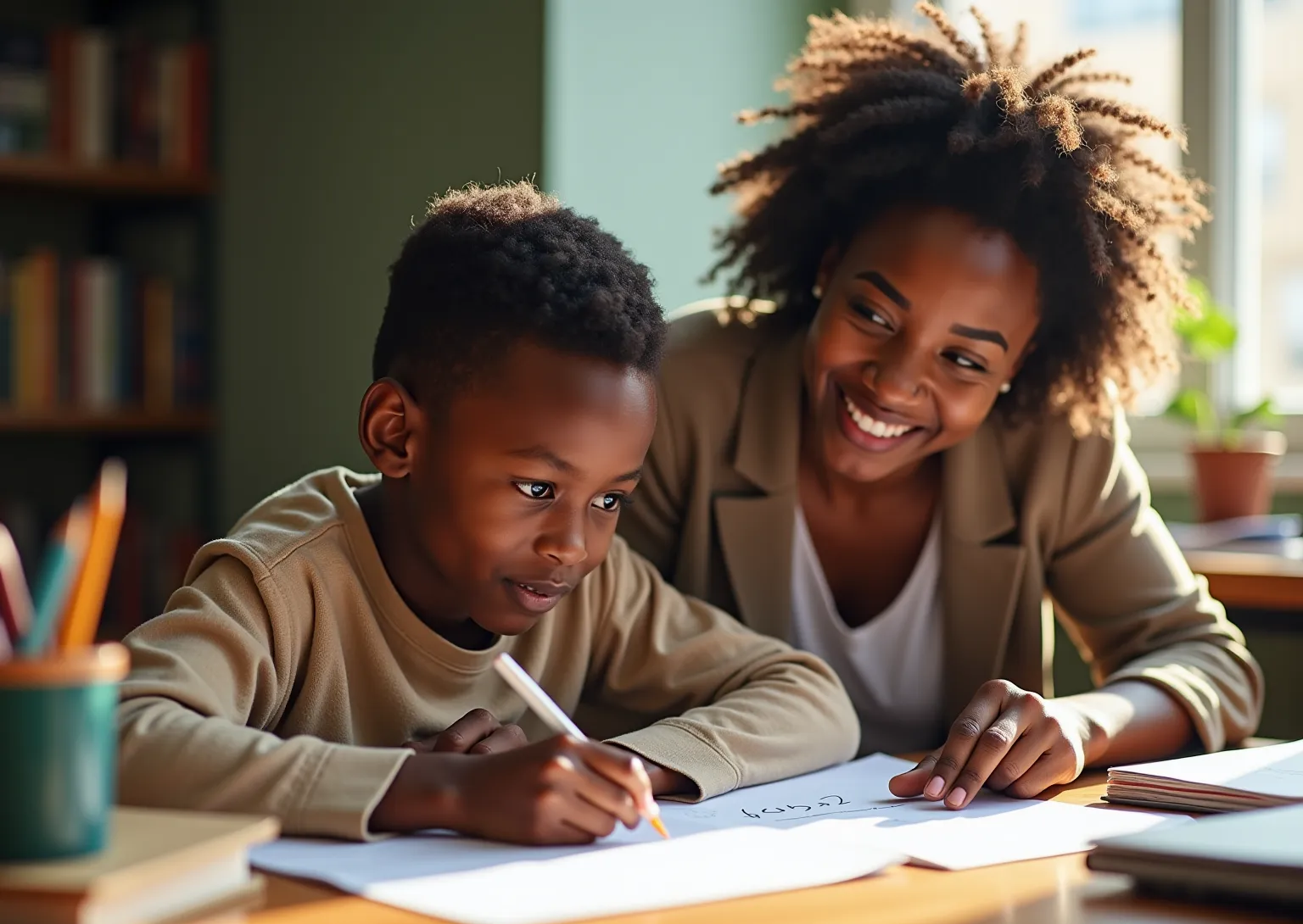 A child and his mother studying together to avoid 11 plus exam mistakes.