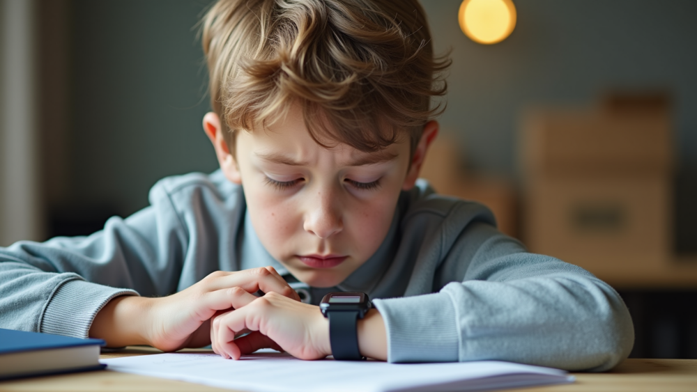 A 10 year old student looking at his watch worried about the 11 plus exam mistakes.