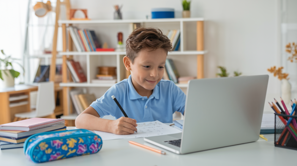 A smiling boy wearing a blue shirt studies for the 11+ exam at home. He is writing in a notebook while looking at a laptop on a tidy desk, surrounded by colourful pencils and books, depicting a comfortable and focused study environment.