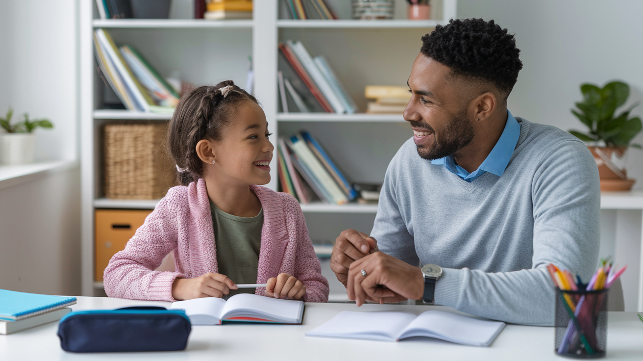 A smiling tutor and a child studying together at a desk with open books, colourful stationery, and a bookshelf in the background, illustrating a supportive and engaging 11+ tutoring session at home.