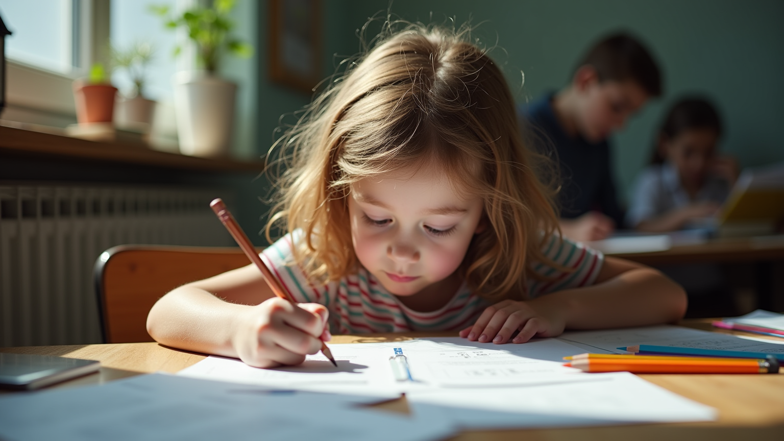 A child studying alone for the eleven plus exams.