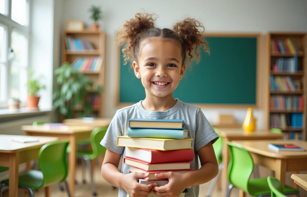 A child carrying books in a school classroom to represente the preparation for the 11 plus exams.