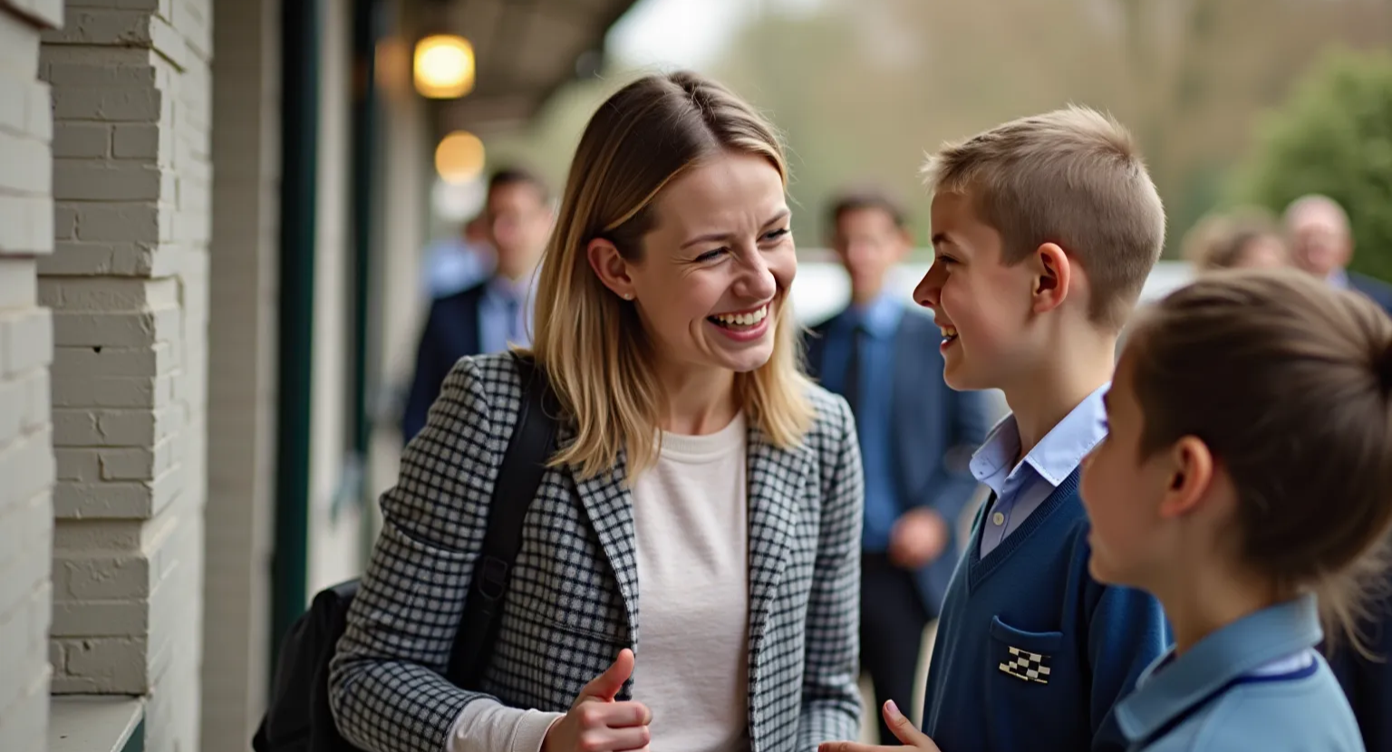 A mother leaving her son at the school entrance.