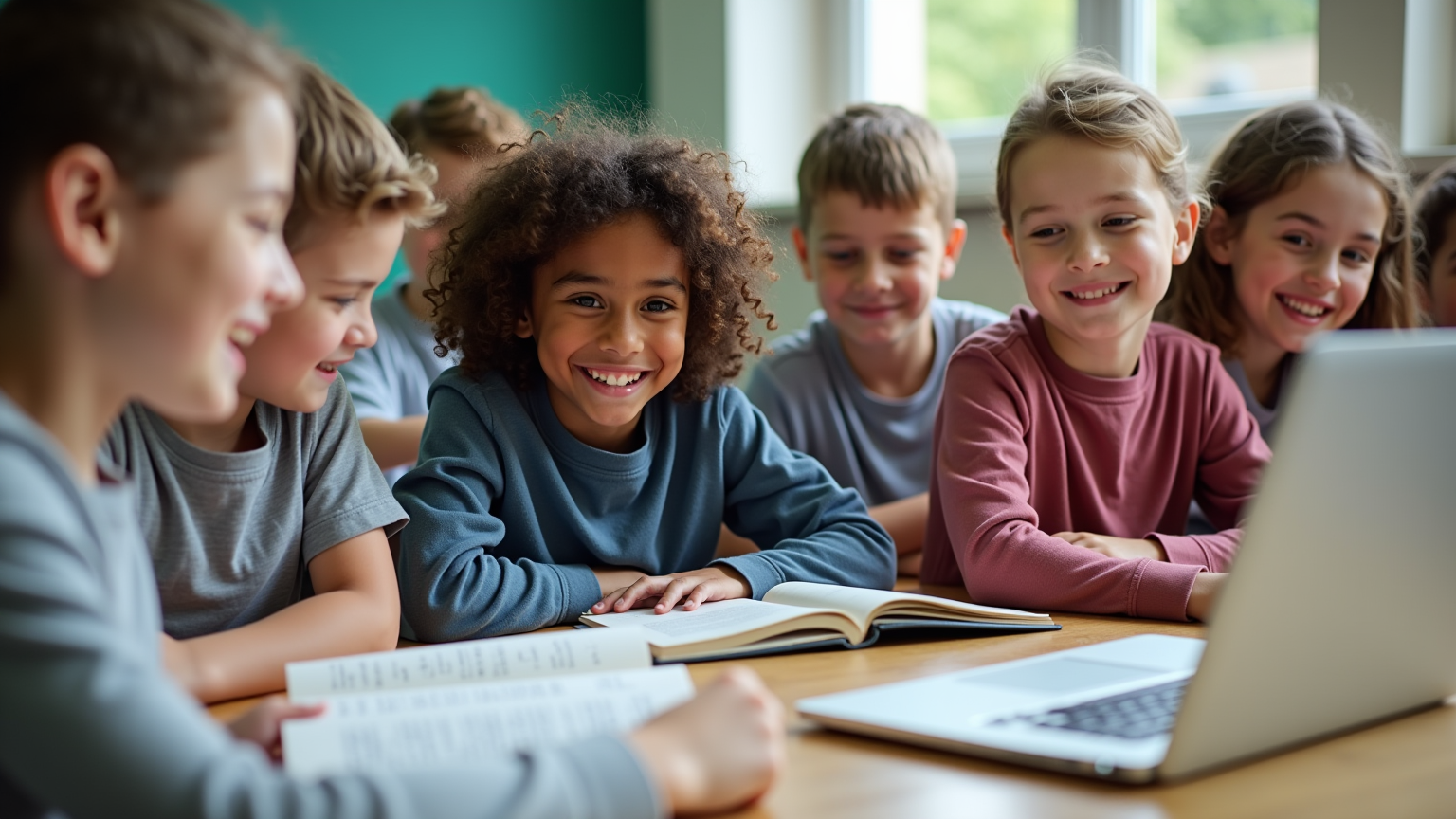 A group of happy children studying together for the 11+ exam at a table, with open books and a laptop in a bright classroom, representing collaborative learning and preparation for grammar school success.
