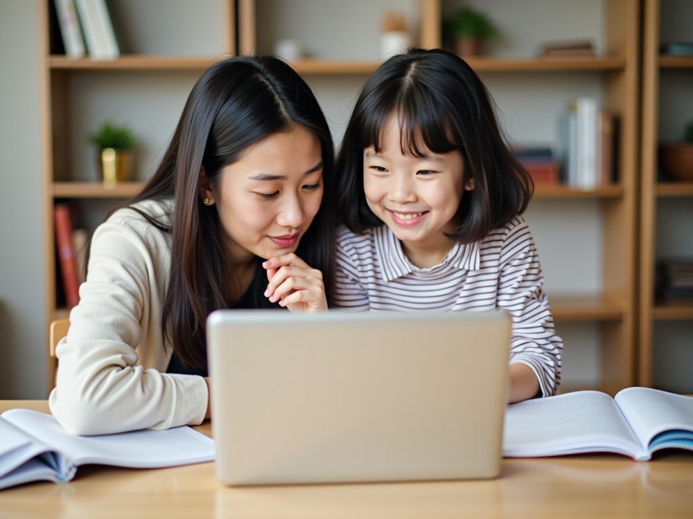 Mom and daughter sitted doing an 11+ preparation course.