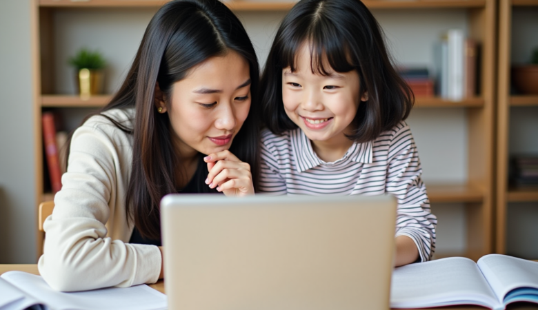 Mom and daughter sitted doing an 11+ preparation course.