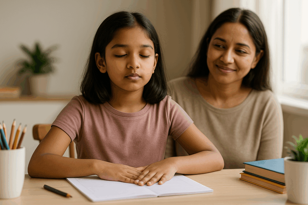 10-year-old girl practising a breathing exercise at her study desk, eyes closed, with her mother beside her offering calm support. She is preparing to reduce 11 plus exam anxiety.