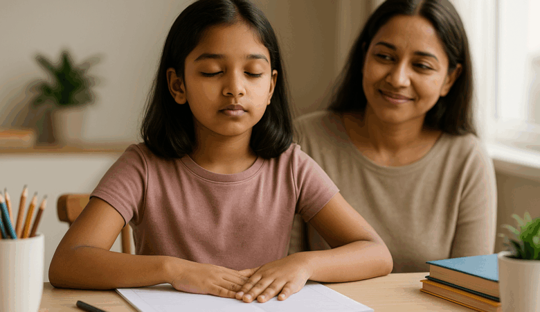 10-year-old girl practising a breathing exercise at her study desk, eyes closed, with her mother beside her offering calm support. She is preparing to reduce 11 plus exam anxiety.