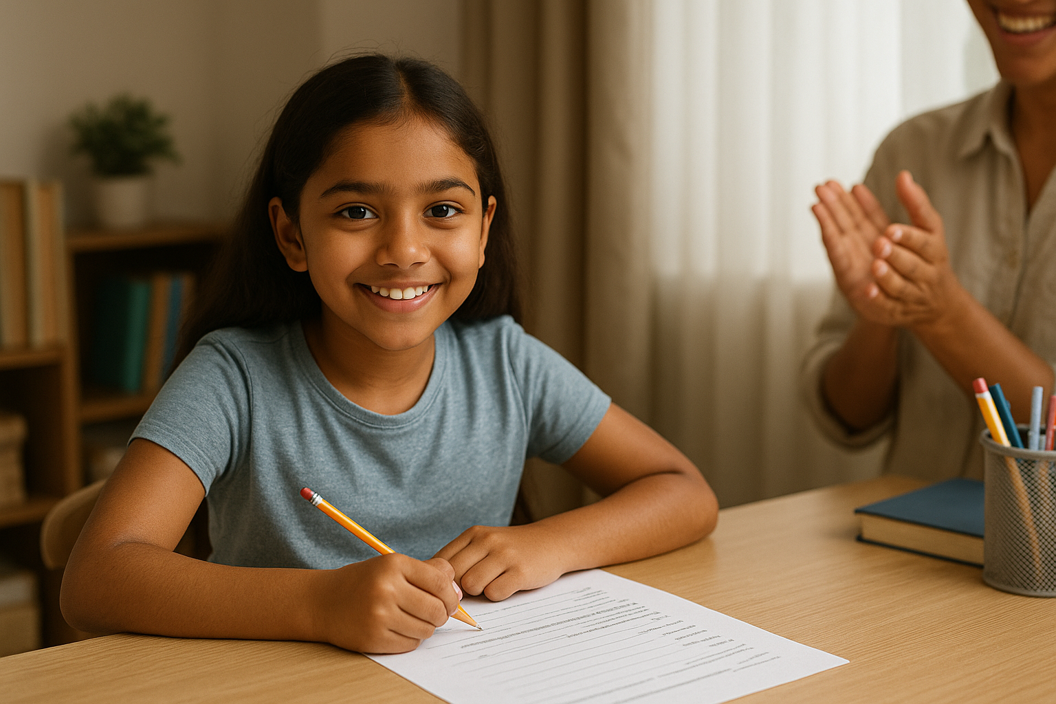 Smiling 10-year-old  girl sitting at a desk after completing a mock 11 plus exam, with a proud expression and a supportive adult clapping in the background.