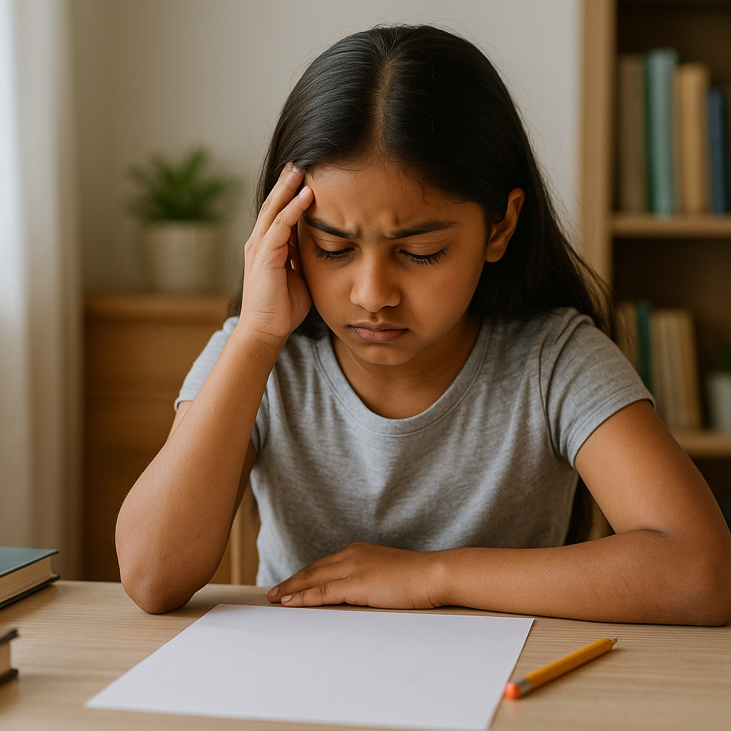 10-year-old girl feeling anxious before the 11 plus exam, sitting at a desk with a blank paper and pencil.