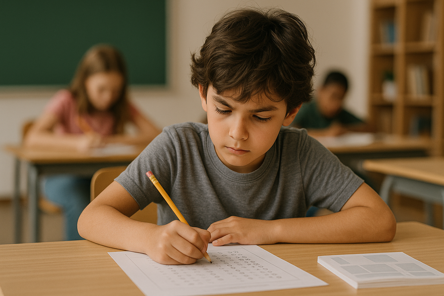 Student practising for the 11+ Verbal Reasoning exam in a mock test environment.
