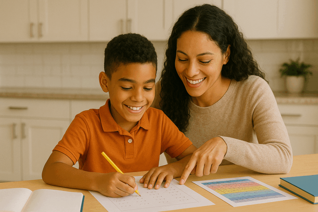 A mother and child reviewing 11 plus maths problems together at the kitchen table, with worksheets and educational materials spread out, both focused and smiling