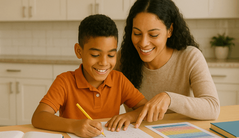 A mother and child reviewing 11 plus maths problems together at the kitchen table, with worksheets and educational materials spread out, both focused and smiling