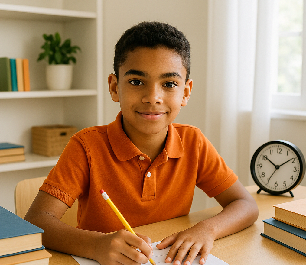 A confident 10-year-old student sitting at a desk, completing a timed 11 plus maths mock test with a pencil, surrounded by books and a clock, in a bright and tidy home study room
