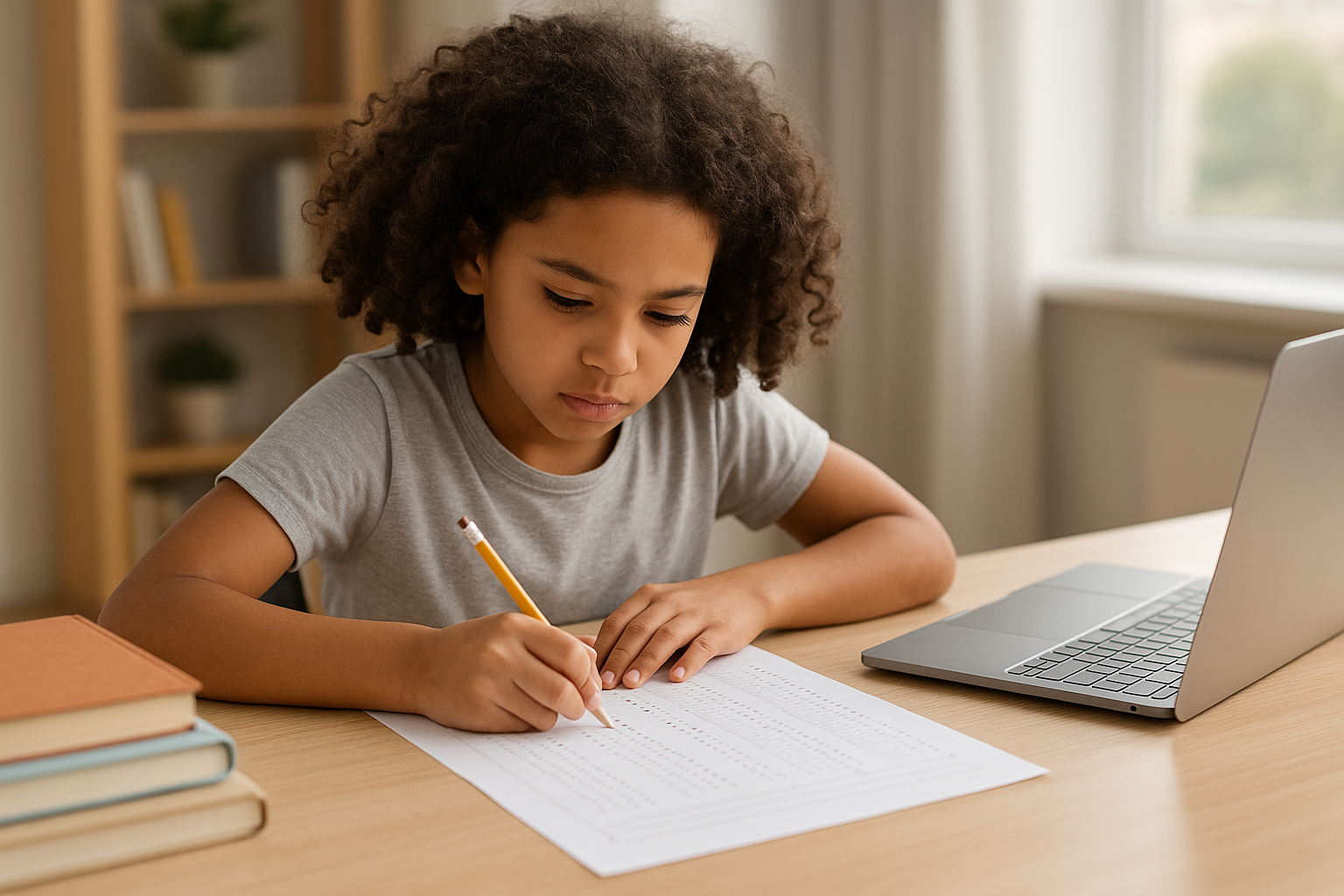 Young girl working on an 11 plus mock test at home, seated at a desk with books and a laptop, in a calm, natural-light setting.