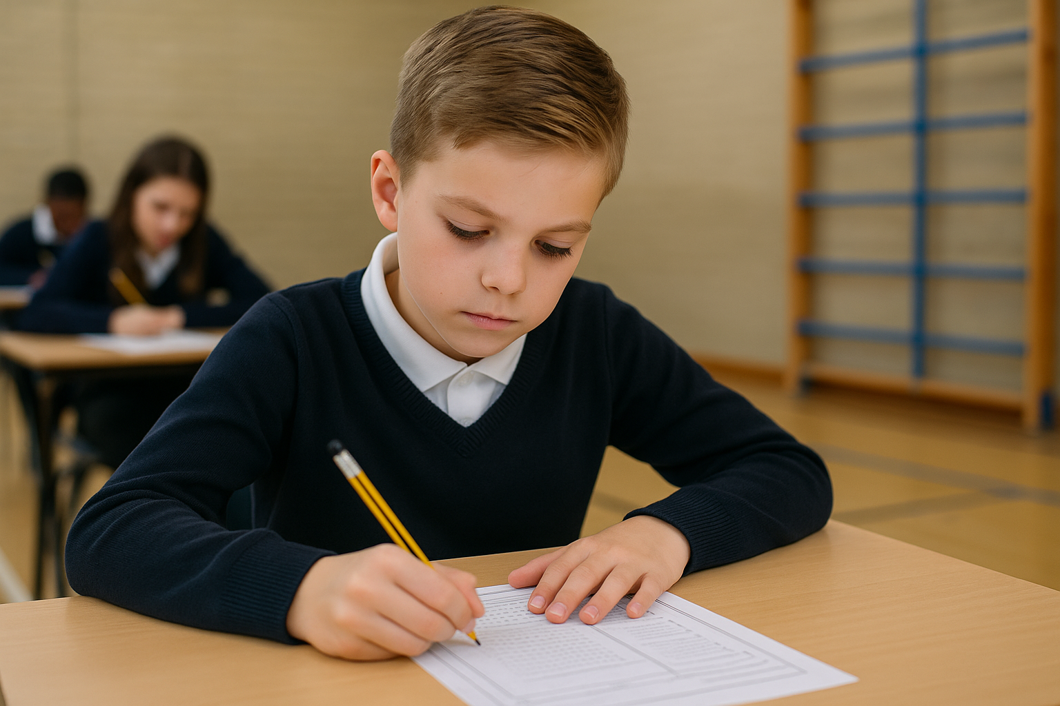 Young boy taking an 11 plus mock test in a school gymnasium setting, focused and writing at a desk with other students in the background.