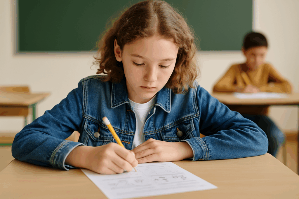 Young girl in a denim jacket using 11 plus mock tests to study in a classroom setting, with another student working in the background, capturing a focused exam environment.