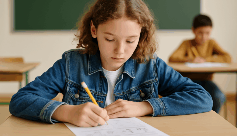Young girl in a denim jacket using 11 plus mock tests to study in a classroom setting, with another student working in the background, capturing a focused exam environment.