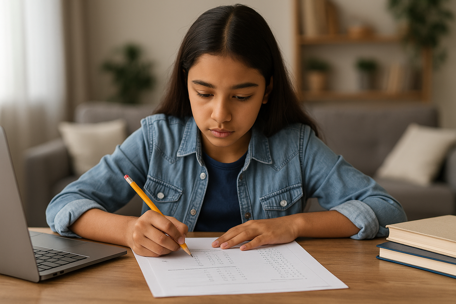  girl focused on solving one of hers 11 plus mock tests at home, seated at a wooden desk with books and a laptop, demonstrating realistic exam preparation