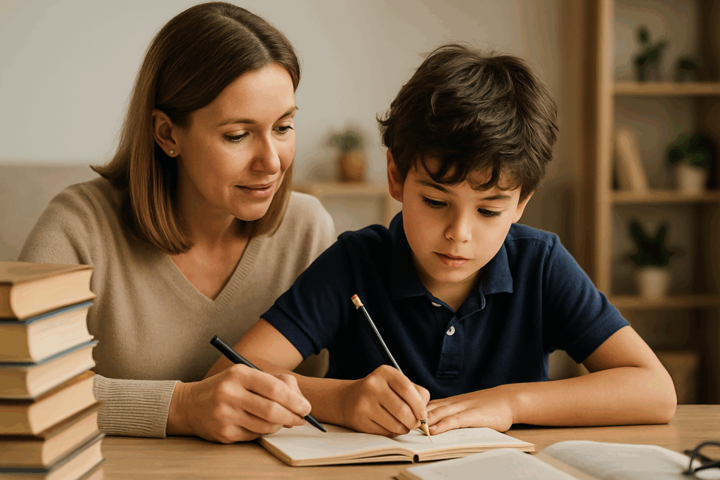 Child studying 11+ Verbal Reasoning at home with flashcards and worksheets, supported by a parent.