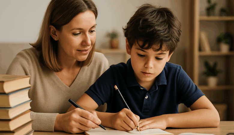 Child studying 11+ Verbal Reasoning at home with flashcards and worksheets, supported by a parent.