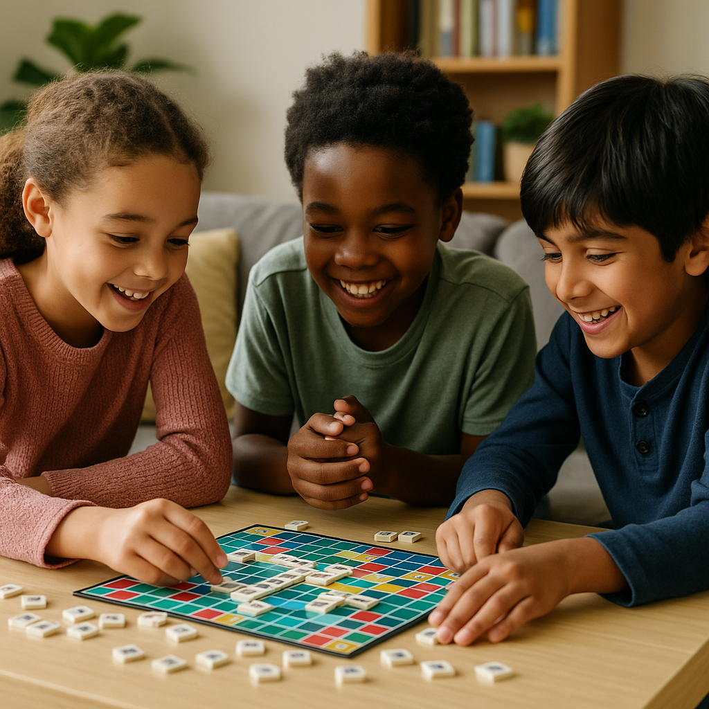 Three children playing a word-based board game, building vocabulary and reasoning skills essential for 11 plus verbal reasoning preparation.