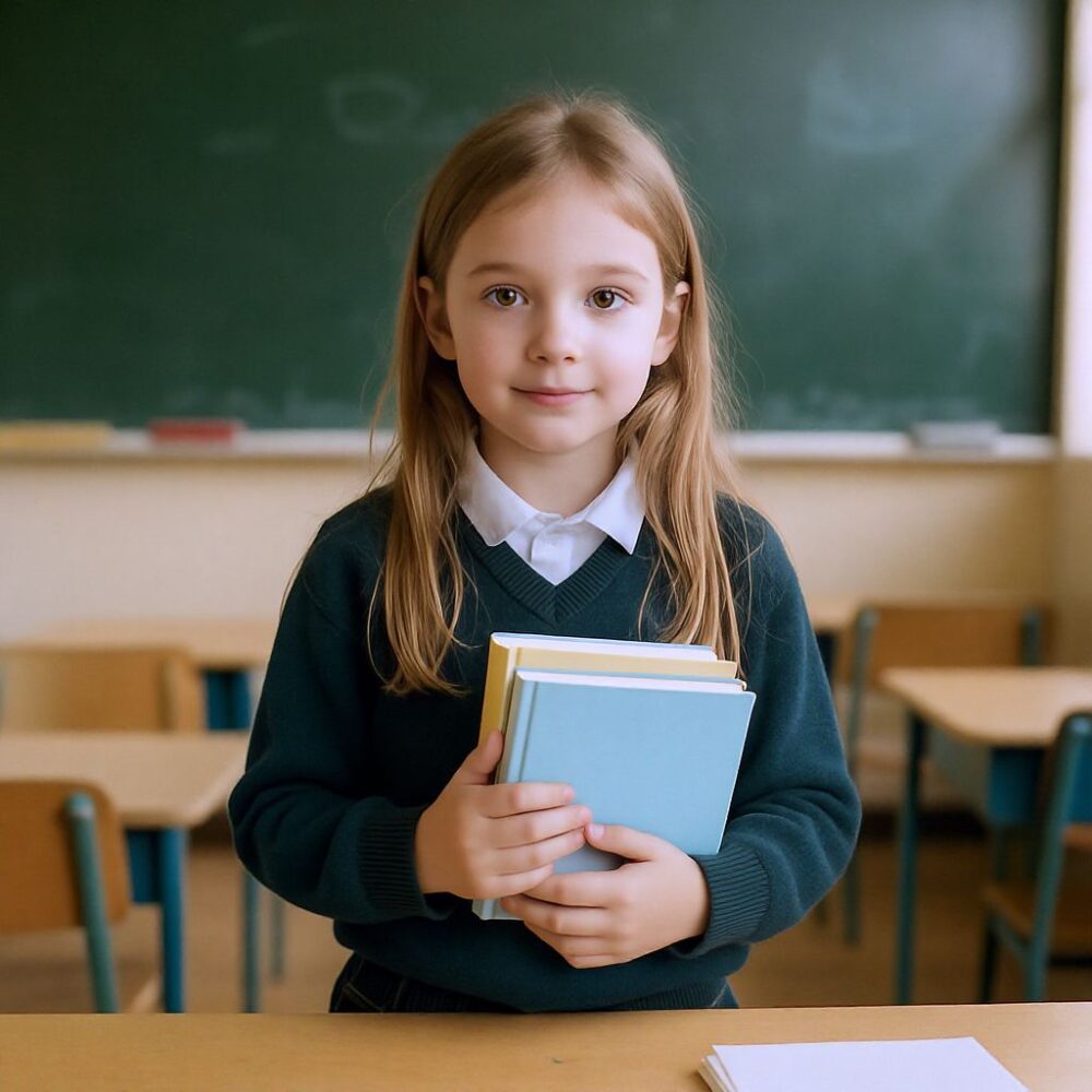 10 year old girl holding books in her classroom to study for 11 plus mock exams.