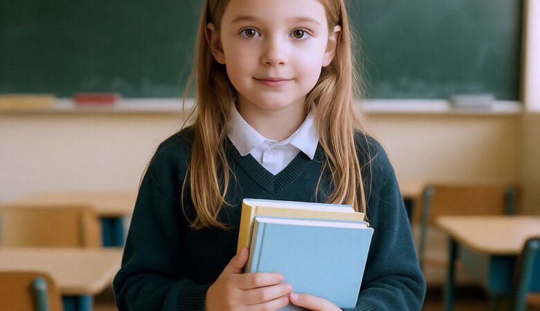 10 year old girl holding books in her classroom to study for 11 plus mock exams.