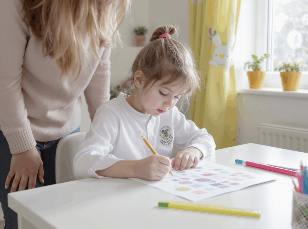 Parent helping their child prepare for 11 plus non-verbal reasoning with visual puzzles at home.