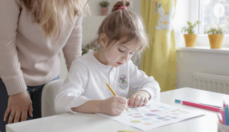 Parent helping their child prepare for 11 plus non-verbal reasoning with visual puzzles at home.