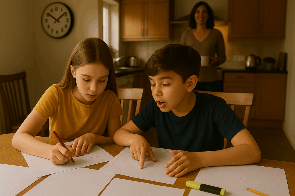 Realistic photo of two children working through 11 Plus mock exams at home, with parental support in a family kitchen. that is the way to secure the best 11 plus exam score.