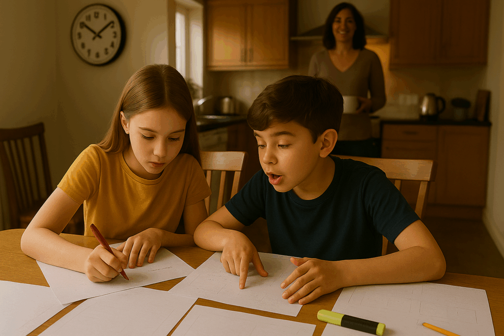 Realistic photo of two children working through 11 Plus mock exams at home, with parental support in a family kitchen. that is the way to secure the best 11 plus exam score.