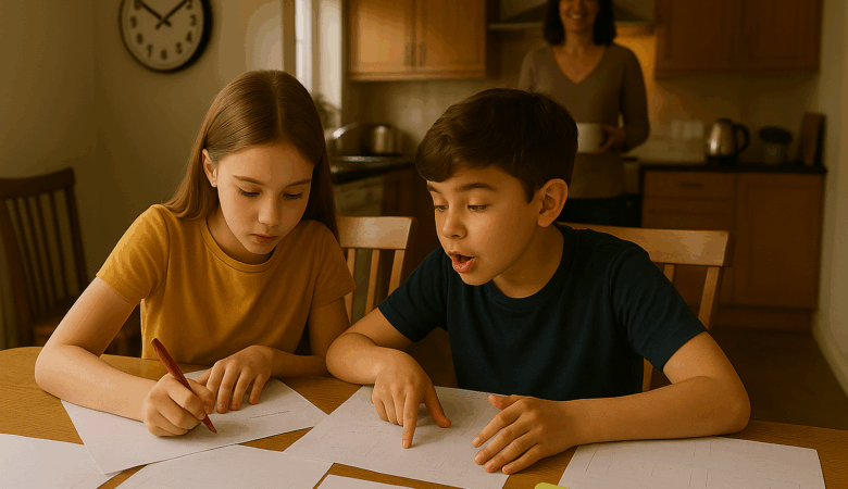Realistic photo of two children working through 11 Plus mock exams at home, with parental support in a family kitchen. that is the way to secure the best 11 plus exam score.