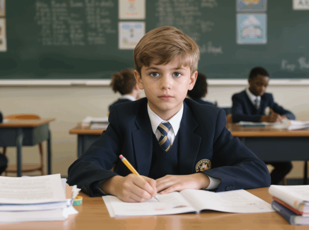 A child preparing for the 11 plus using mock exam in a classroom environment.