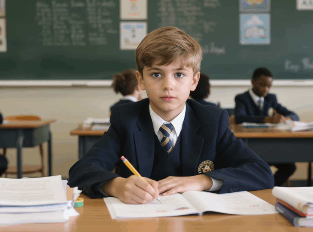 A child preparing for the 11 plus using mock exam in a classroom environment.