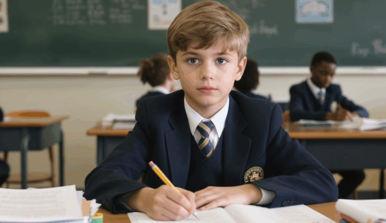 A child preparing for the 11 plus using mock exam in a classroom environment.