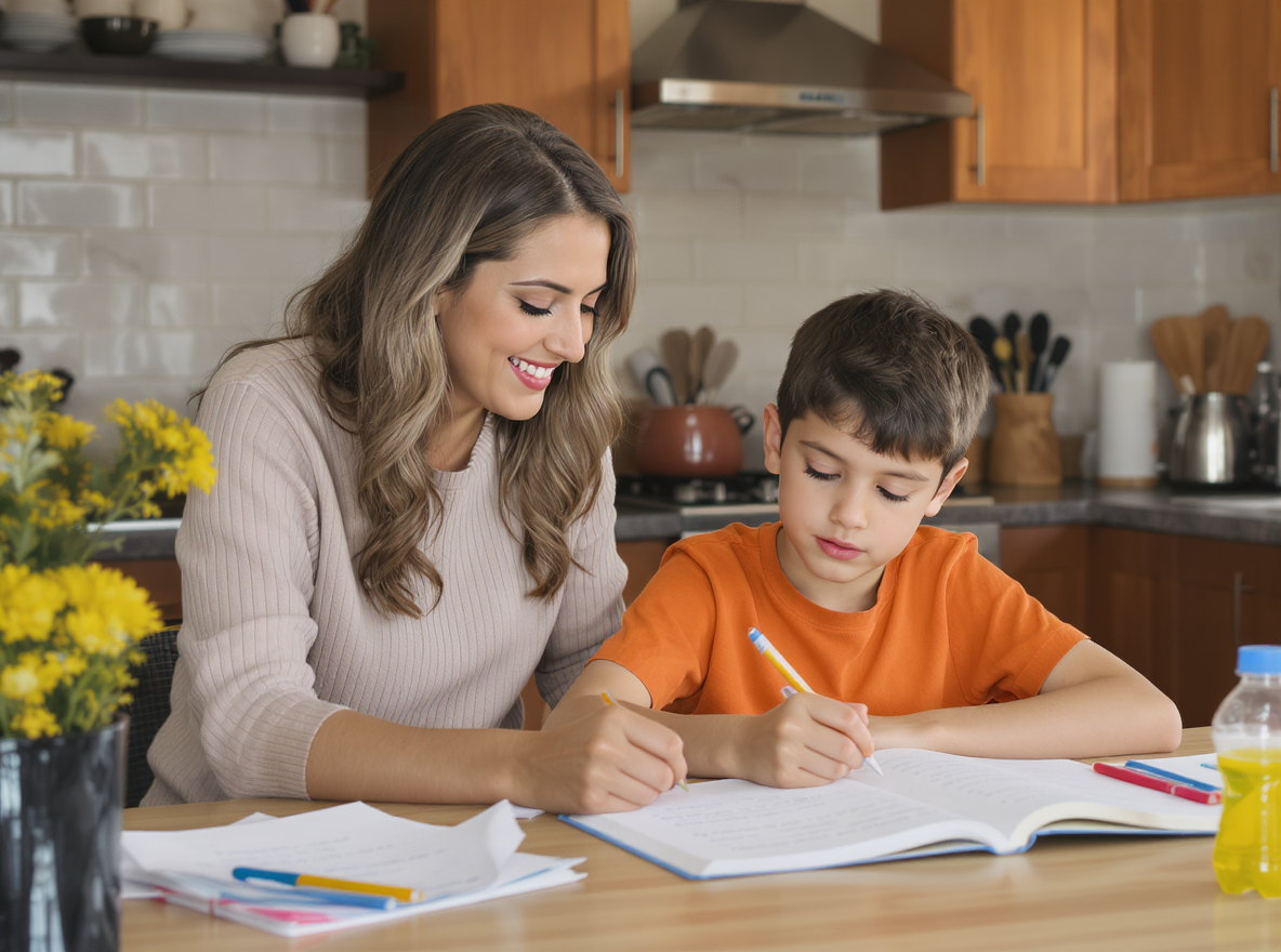 A supportive parent helping her child prepare for the Sutton grammar school 11+ exam.