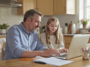 A supportive parent helping his child prepare for the Sutton grammar school 11+ exam.