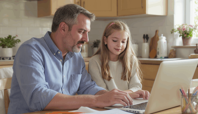 A supportive parent helping his child prepare for the Sutton grammar school 11+ exam.